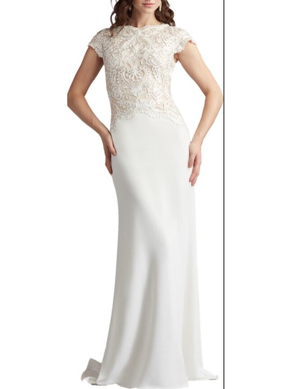 NWT Tadashi Shoji Soutache Lace Cap Sleeve Trumpet Gown In Ivory/ Petal Sz 10